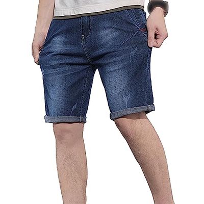 JEsilunmaMY Men's Rolled Hem Summer Denim Shorts Slim Fit Distressed Stretch Jean Shorts Casual Straight Jean Short Pants (Blue1,32)