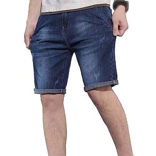 JEsilunmaMY Men's Rolled Hem Summer Denim Shorts Slim Fit Distressed Stretch Jean Shorts Casual Straight Jean Short Pants (Blue1,32)