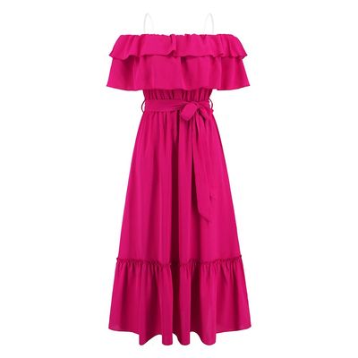 NineFit Basics Women's Off Shoulder Short Sleeve Ruffle Trim Boho A Line Long Dress Rose Red, Small