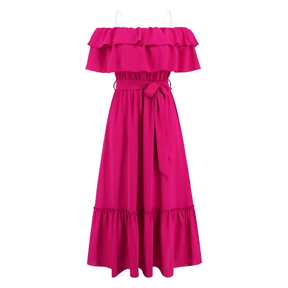 NineFit Basics Women's Off Shoulder Short Sleeve Ruffle Trim Boho A Line Long Dress Rose Red, Small