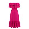 NineFit Basics Women's Off Shoulder Short Sleeve Ruffle Trim Boho A Line Long Dress Rose Red, Small view 3