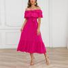 NineFit Basics Women's Off Shoulder Short Sleeve Ruffle Trim Boho A Line Long Dress Rose Red, Small view 4