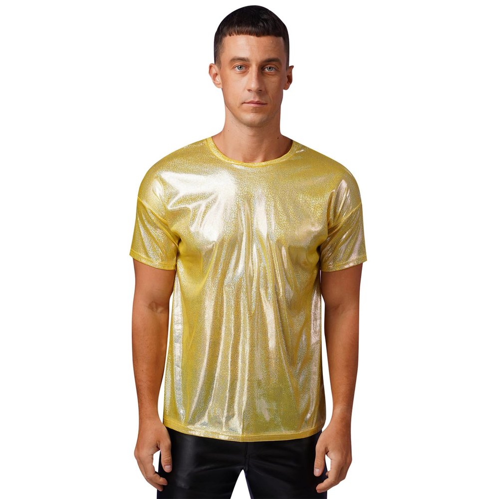 Zaldita Men's Shiny Metallic Round Neck Short Sleeve Tee Party Clubwear T Shirt Dance Top Costume Gold Medium