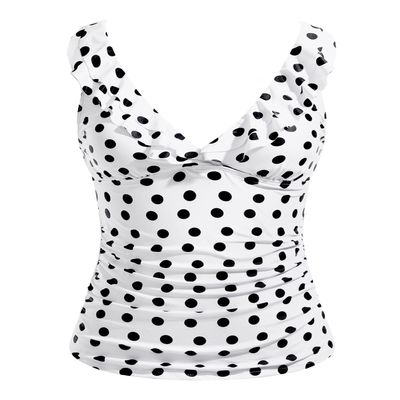 Yonique Women's Tankini Top Only Tummy Control Bathing Suit Top Ruffle Swimsuit Top V Neck Swim Tank Top No Bottom White Dot L