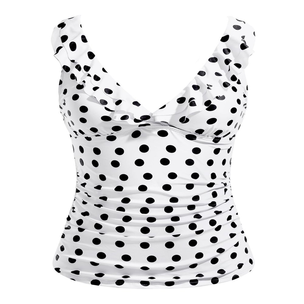 Yonique Women's Tankini Top Only Tummy Control Bathing Suit Top Ruffle Swimsuit Top V Neck Swim Tank Top No Bottom White Dot L