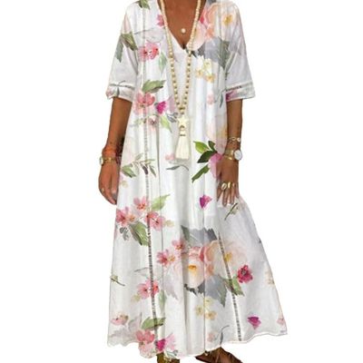 Women Boho Floral Print Half Sleeve Maxi Dress Plus Size Casual V Neck Lace Hollow Flowy Vacation Long Beach Tshirt Tunic Dress