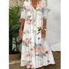 Women Boho Floral Print Half Sleeve Maxi Dress Plus Size Casual V Neck Lace Hollow Flowy Vacation Long Beach Tshirt Tunic Dress view 2