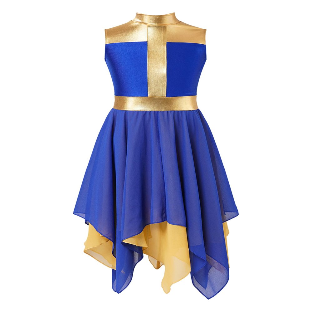 TSSOE Kids Girls Liturgical Praise Tunic Lyrical Dance Dress Sleeveless Color Block Worship Costume Royal Blue 12 Years
