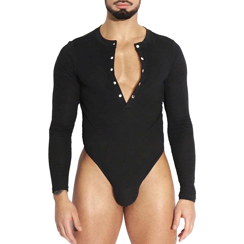 Agoky Men's Leotrad Bodysuits Wrestling Singlet Undershirts Jockstrap Button Down Fitness Jumpsuits Thongs Black XX-Large