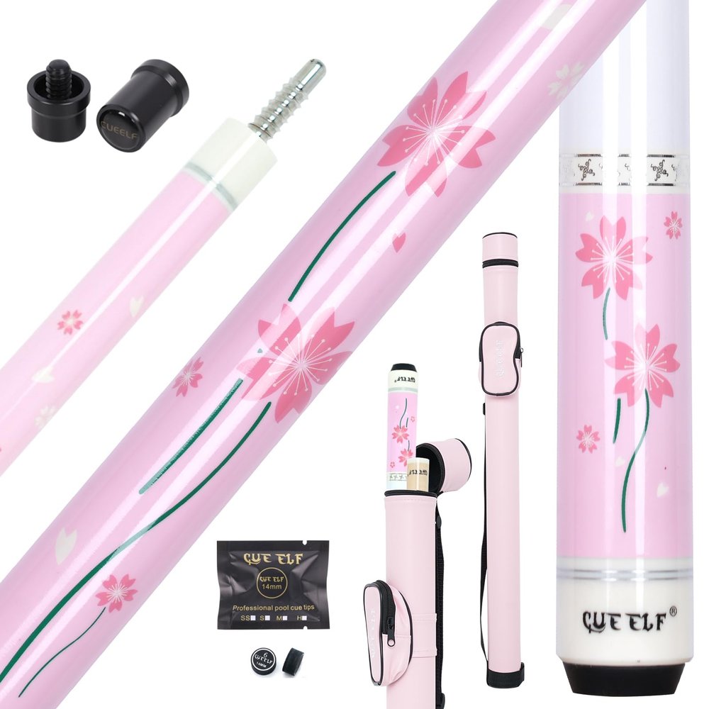 CUEELF Pink Pool Cue Stick 58inches Canadian Maple Billiard Cue Sticks Professional Pool Stick Gifts for Women and Ladies (Pink Flower, 19.5 oz)