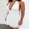 GOKATOSAU Women's Halter Deep V Neck Flowy Chiffon Bow Tie Backless Summer Mini Dress White view 3