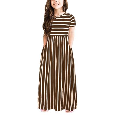 AIMAOMI Girl's Short Sleeve Floral Print Loose Casual Long Maxi Dress with Pockets 4~12 Years (Coffee, 11-12 Years)