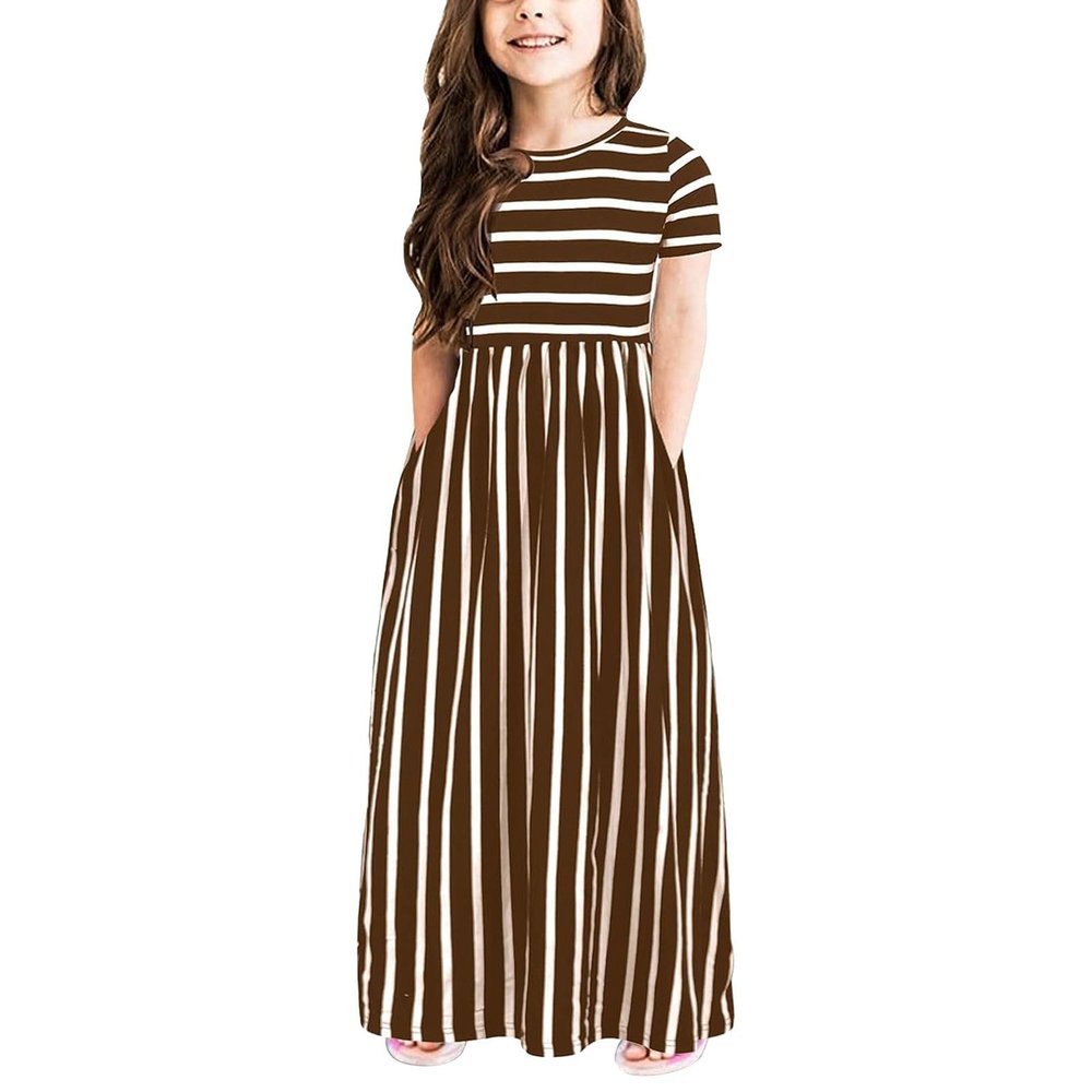 AIMAOMI Girl's Short Sleeve Floral Print Loose Casual Long Maxi Dress with Pockets 4~12 Years (Coffee, 11-12 Years)