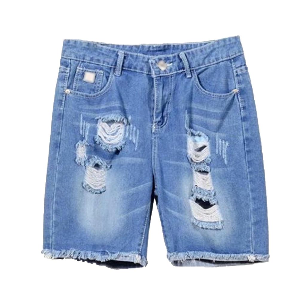 JEsilunmaMY Men's Casual Wash Denim Shorts Mid Waist Distressed Ripped Short Jeans Loose Fit Hip Hop Summer Beach Shorts (Blue2,35)