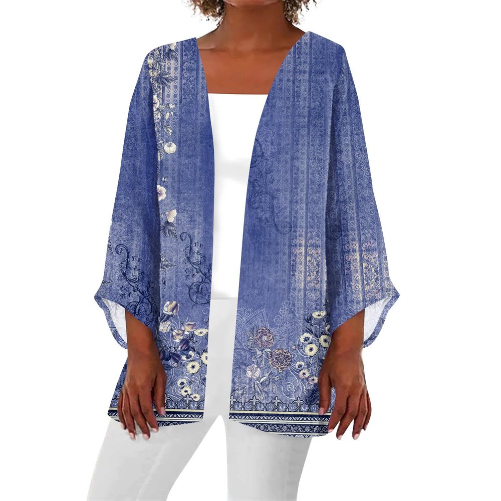 Generic Women Cardigan Floral Printed Summer Three Quarter Sleeve Tops Dressy Casual Lightweight Plus Size Cardigan Womens 3/4 Sleeve Cardigan Yellow Button Crop Top CardiganX-Large,2-Royal Blue