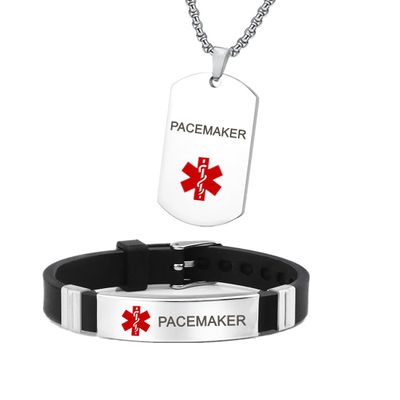 Medical Alert Necklaces and Bracelets Set for Men Women Medic ID Identification Stainless Steel Pendant Necklace & Silicone Cuff Bracelet Allergy Awareness Jewelry for Adult,2 Pack (Silvery-PACEMAKER)