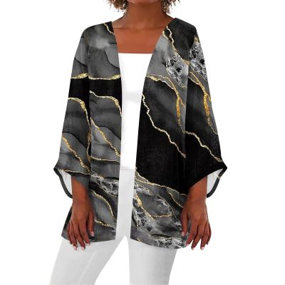 NineFit Basics Kimonos for Women Dressy Casual Three Quarter Sleeve Summer Cardigan Plus Size Floral Printed Lightweight Tops Womens Petite Large Sweaters Women's Sweater Cardigan3X-Large,2-Black