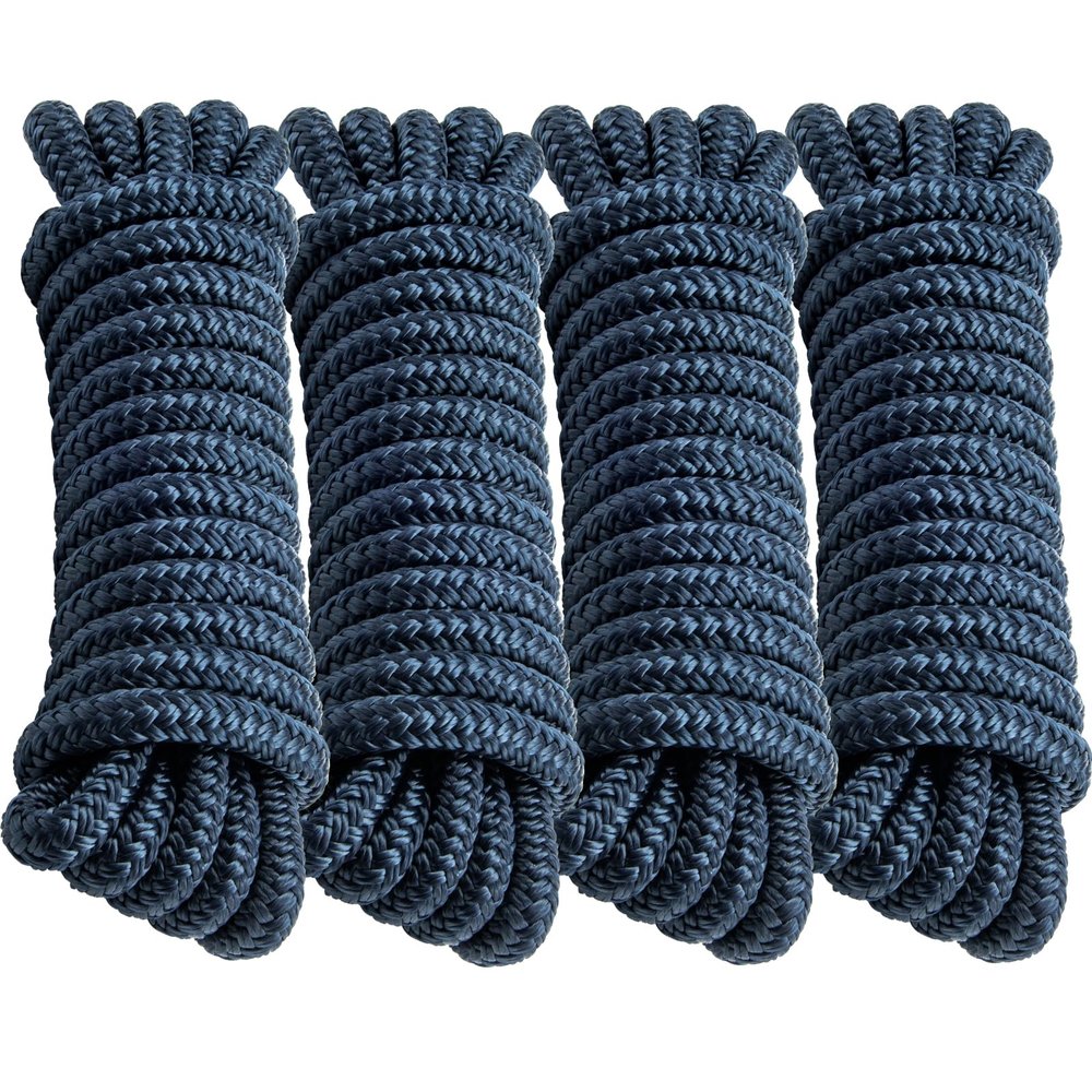 PropelTech 4 Pack 1/2" x 15 Boat Dock Lines for Boat & Pontoon, Premium Marine- Grade Double Braided Nylon Dock Line, Pre-Spliced with a 12" Eyelet-Navy Blue,Boating Gifts for Men