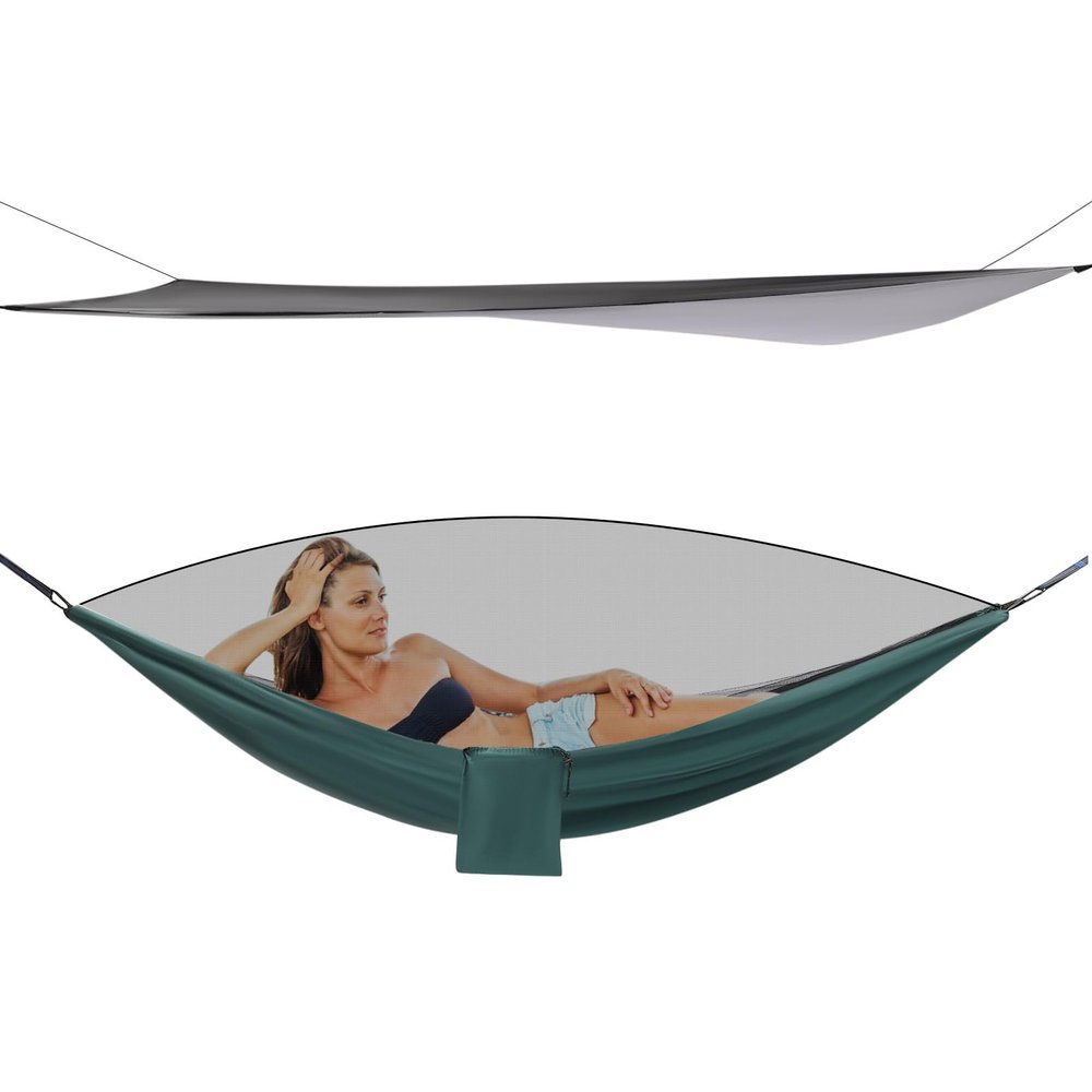CNCEST Camping Hammock, Hammocks with Mosquito Net Tent and Rain Fly Tarp, 2 in 1 Hammock Tent with 7.5 * 6.8 ft Tarp for Backpacking and Travel - Blackish Green