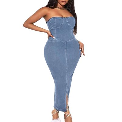 cffvdiz Women's Sexy Bodycon Maxi Denim Dress Washed Distressed Sleeveless Backless Tube Top Denim Dresses,Light Blue,XL