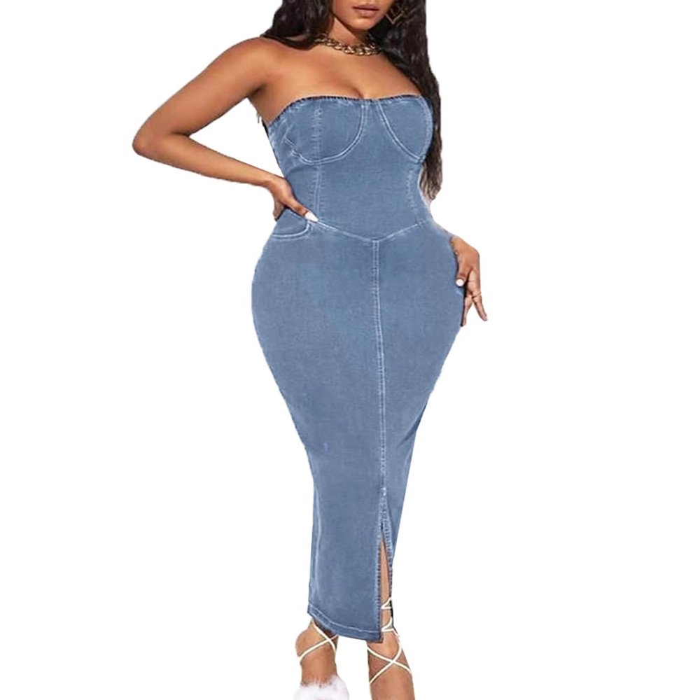 cffvdiz Women's Sexy Bodycon Maxi Denim Dress Washed Distressed Sleeveless Backless Tube Top Denim Dresses,Light Blue,XL