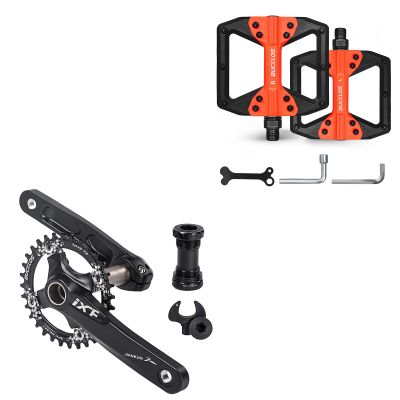 BUCKLOS IXF 104 BCD 30T-38T 170MM Mountain Bike Crankset, Hollow Integrated MTB Crank Set and MTB Flat Nylon Bicycle Pedal with Large Platform -Non-Slip Colorful Pedals
