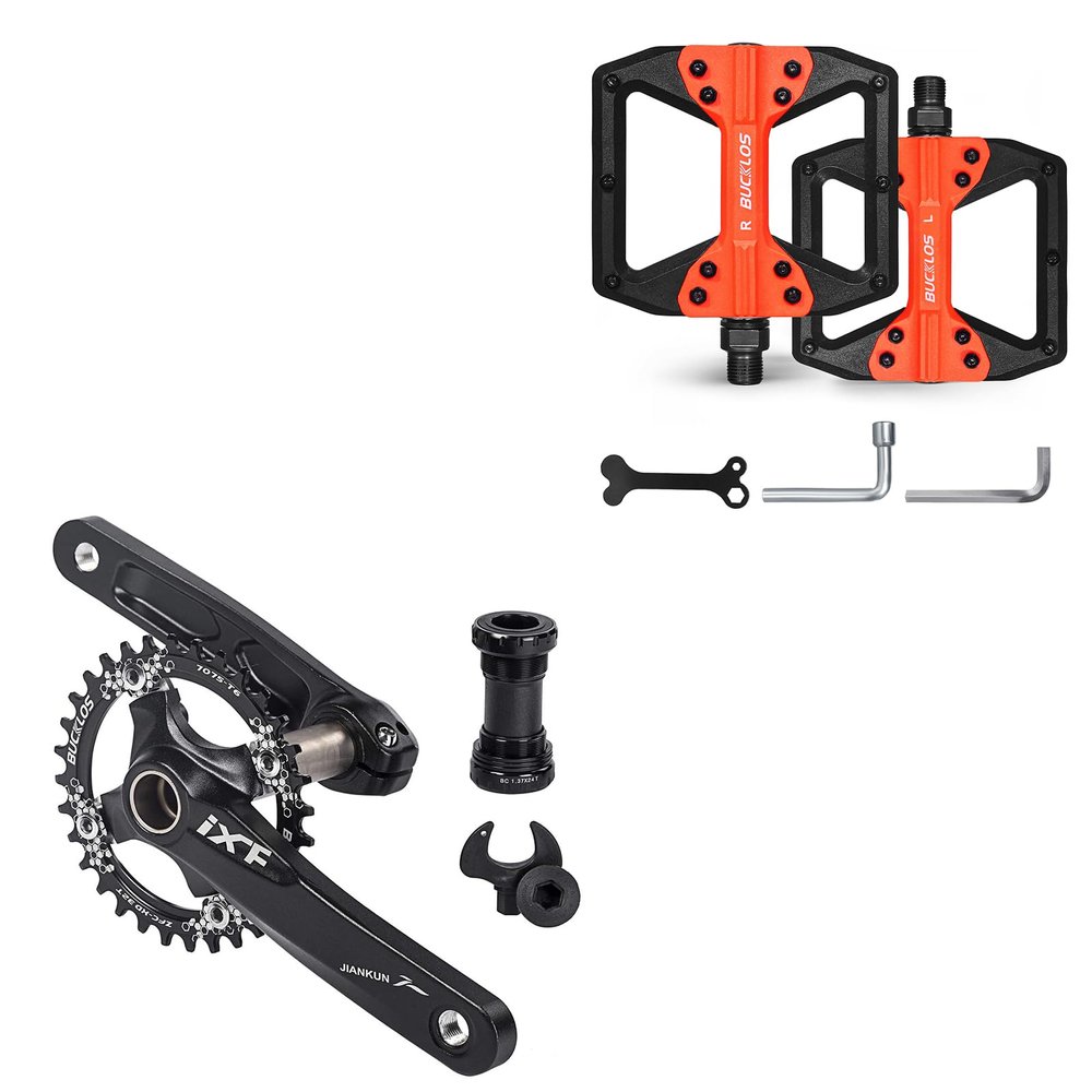 BUCKLOS IXF 104 BCD 30T-38T 170MM Mountain Bike Crankset, Hollow Integrated MTB Crank Set and MTB Flat Nylon Bicycle Pedal with Large Platform -Non-Slip Colorful Pedals