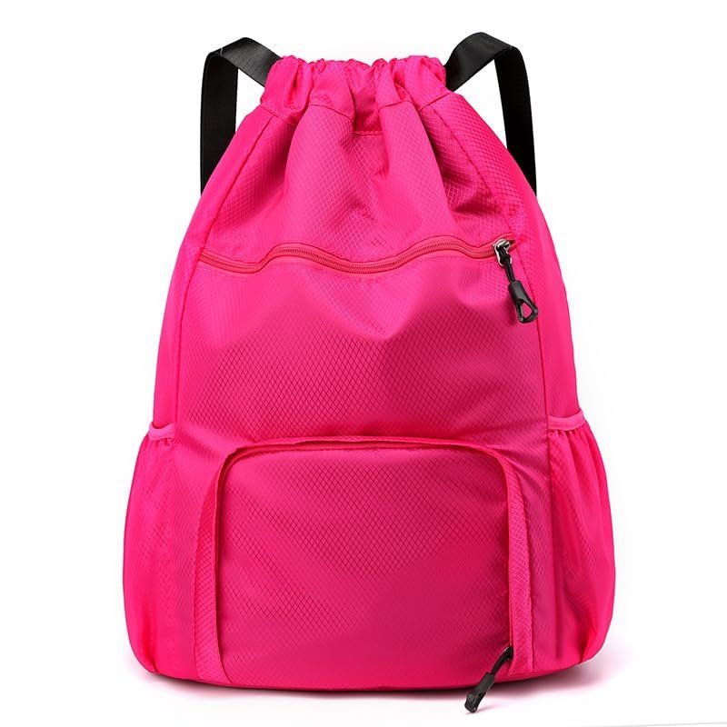 CarXs Drawstring Bag, Lightweight String Backpack with Water Bottle Holder and Pockets, Gym Sports Cinch Sackpack (Rose red,Small)