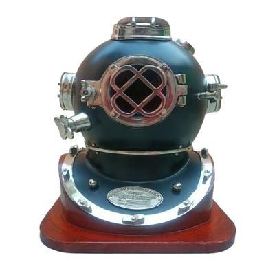 NineFit Basics Brass Black Finish US Navy Mark V Scuba Divers Diving Helmet W/Wooden Base Gift, As shown in image