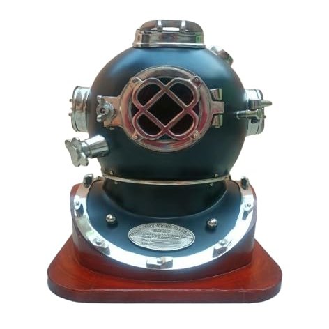 NineFit Basics Brass Black Finish US Navy Mark V Scuba Divers Diving Helmet W/Wooden Base Gift, As shown in image
