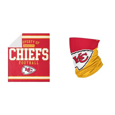 FOCO Kansas City Chiefs NFL Team Property of Sherpa Fleece Blanket & NFL Kansas City Chiefs Neck Gaiter, One Size, Big Logo