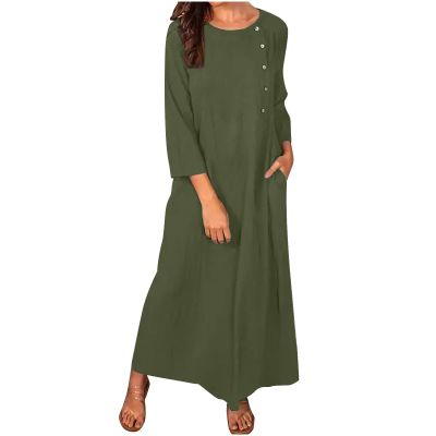 Women Casual Cotton Linen Tunic Dresses with Pockets Button Down Round Neck Long Sleeve Plain Maxi Long Dress Kaftan Army Green