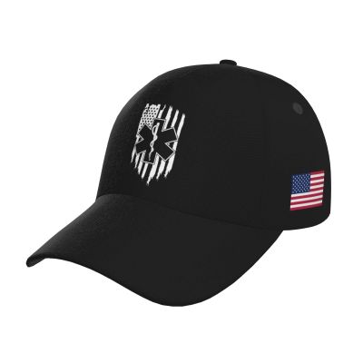 American Flag EMS Star of Life EMT Paramedic Medic Outdoor Curved Brim Baseball Hat Sandwich Hat with Buckle Casual Mesh Hat Black