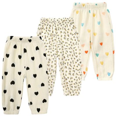 3 Pieces Kids Cotton Linen Elastic Casual Trousers Baby Boys Girls Summer Fall Basic Loose Long Baggy Harem Pants (2-3T,3PC Floral A,US,2 Years,3 Years,Age)