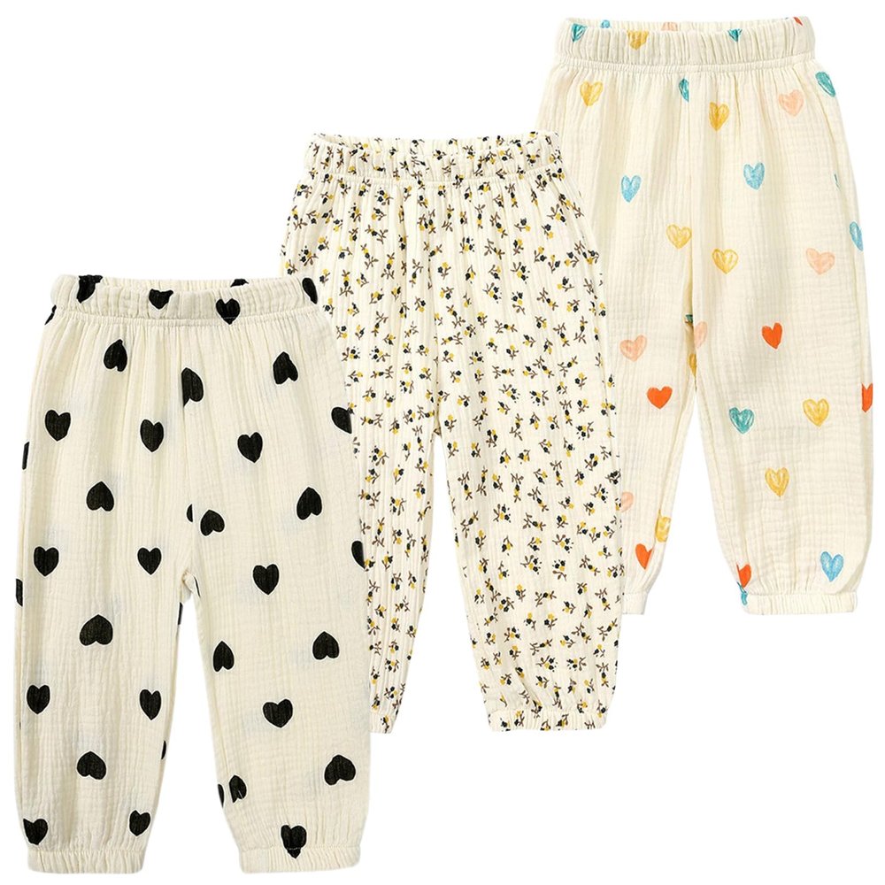 3 Pieces Kids Cotton Linen Elastic Casual Trousers Baby Boys Girls Summer Fall Basic Loose Long Baggy Harem Pants (2-3T,3PC Floral A,US,2 Years,3 Years,Age)