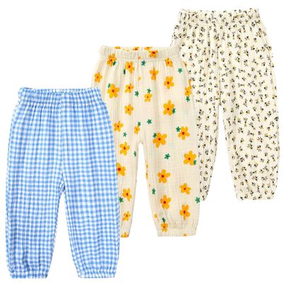 3 Pieces Kids Cotton Linen Elastic Casual Trousers Baby Boys Girls Summer Fall Basic Loose Long Baggy Harem Pants (2-3T,3PC Floral I,US,2 Years,3 Years,Age)