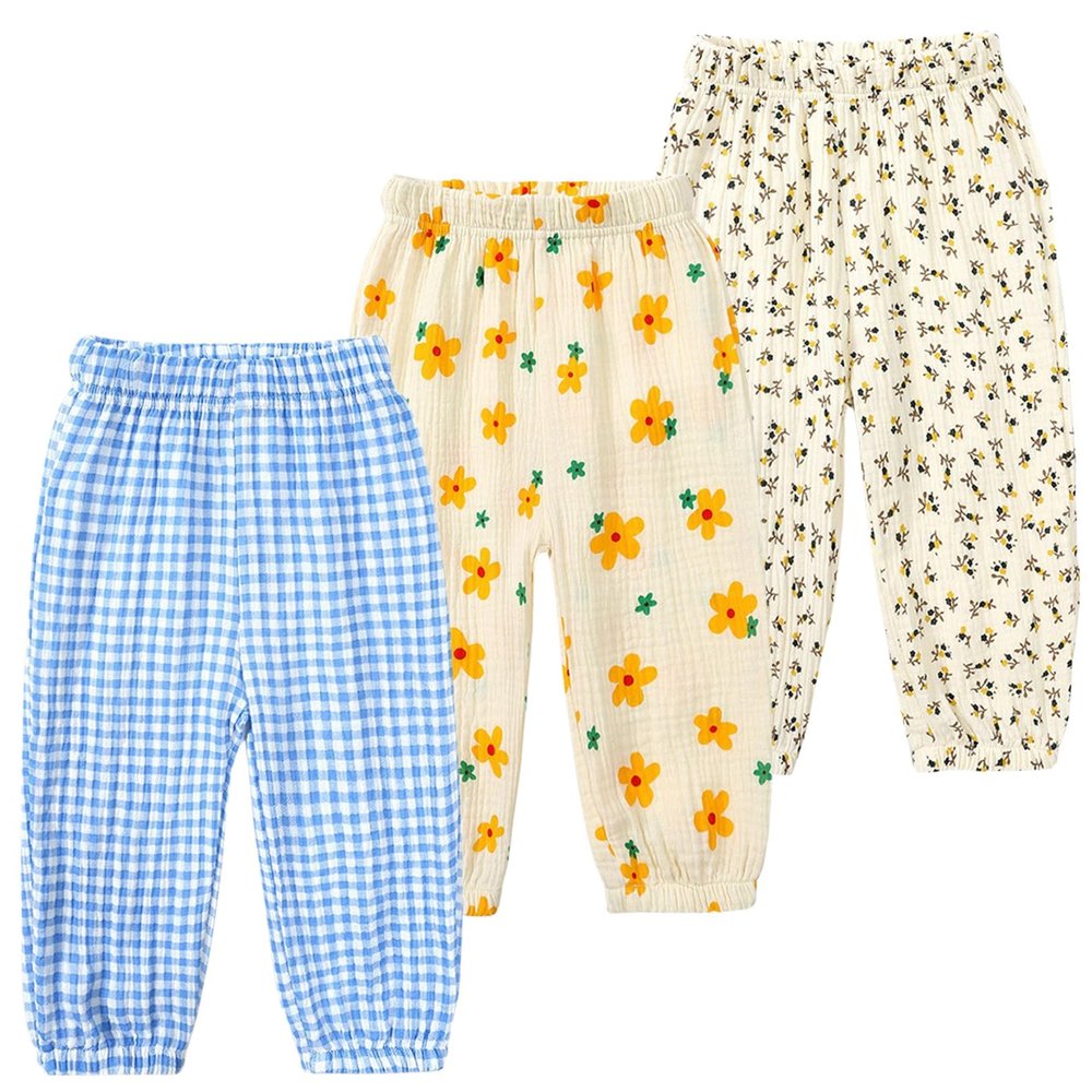 3 Pieces Kids Cotton Linen Elastic Casual Trousers Baby Boys Girls Summer Fall Basic Loose Long Baggy Harem Pants (2-3T,3PC Floral I,US,2 Years,3 Years,Age)