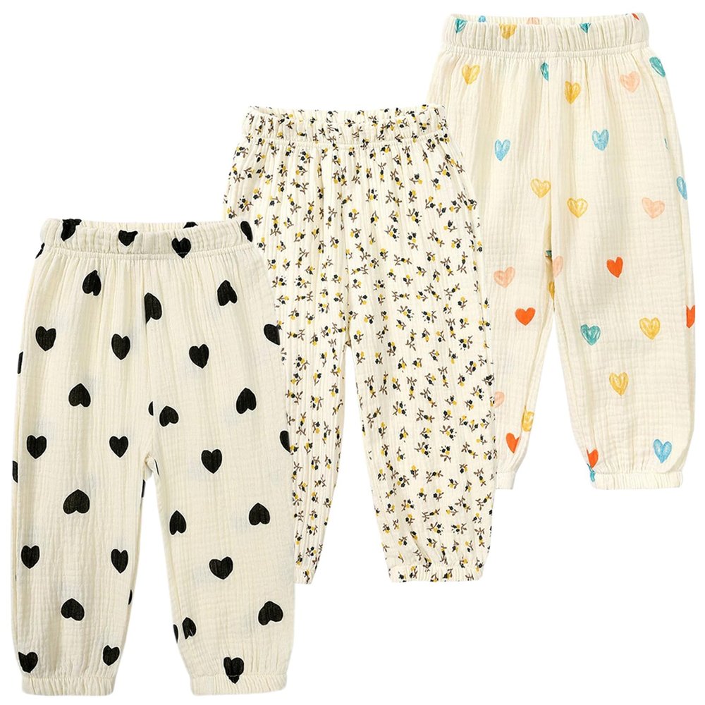 3 Pieces Kids Cotton Linen Elastic Casual Trousers Baby Boys Girls Summer Fall Basic Loose Long Baggy Harem Pants (4-5T,3PC Floral A,US,4 Years,5 Years,Age)