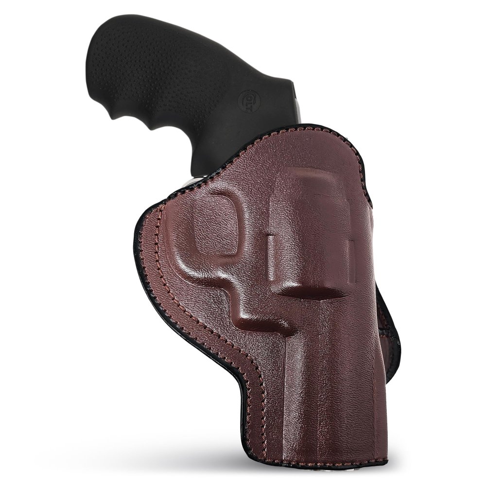 Brown OWB Leather Revolver Holster Right Hand. Fit for 5 or 6 Shot Revolvers 3 inch Barrel Model, Taurus 605 357 Mag 38SPL, 856, 905, 942 22 LR - Maxx Carry