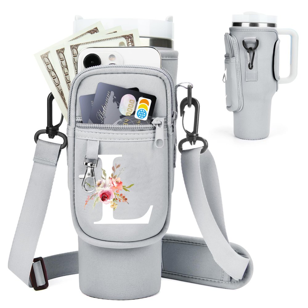 Initial Water Bottle Holder with Strap for Stanley Cup Accessories 40 oz Tumbler/Simple Modern Tumbler Bag, Water Bottle Carrier Bag with Strap,Personalized Valentine's Day Gift for Women,Her & Girls