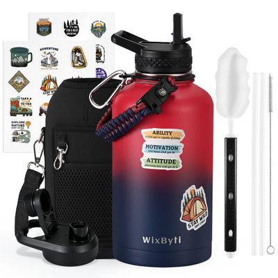 WixByti 64 oz Insulated Water Bottle with Straw (Cold for 48 Hrs), Half Gallon Stainless Steel Triple Wall Vacuum Sports Water Jug, Leakproof Hydro Cup Flask with Straw Spout Lids & DIY Stickers