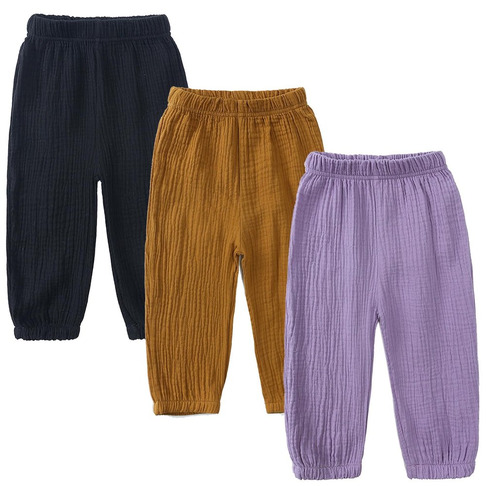 3 Pieces Kids Cotton Linen Elastic Casual Trousers Baby Boys Girls Summer Fall Basic Loose Long Baggy Harem Pants (4-5T,3PC Solid N,US,4 Years,5 Years,Age)