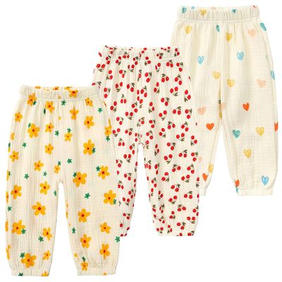 3 Pieces Kids Cotton Linen Elastic Casual Trousers Baby Boys Girls Summer Fall Basic Loose Long Baggy Harem Pants (2-3T,3PC Floral D,US,2 Years,3 Years,Age)