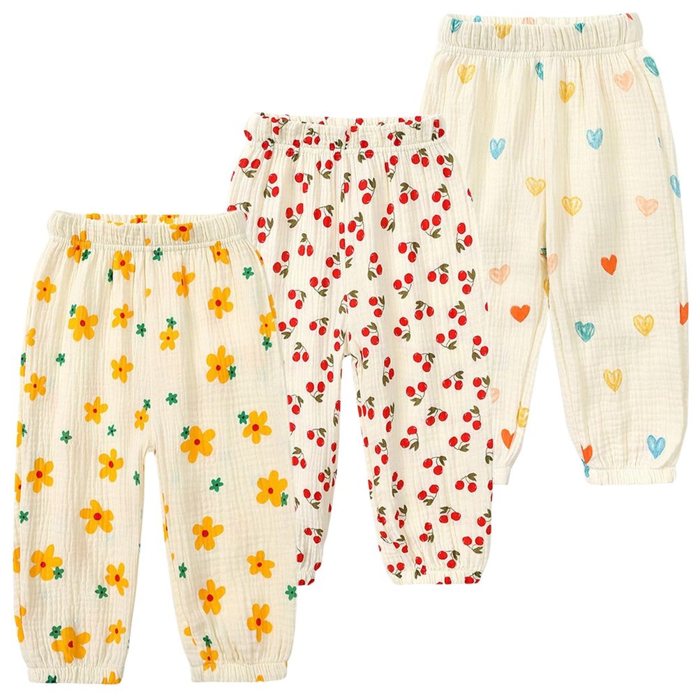 3 Pieces Kids Cotton Linen Elastic Casual Trousers Baby Boys Girls Summer Fall Basic Loose Long Baggy Harem Pants (2-3T,3PC Floral D,US,2 Years,3 Years,Age)