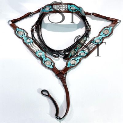 Turquoise Western Saddle Horse Headstall Bridle Breast Collar Reins Tack Set Leather Floral Tooled Handmade Breastplate ME-HBC-101 (Cob)