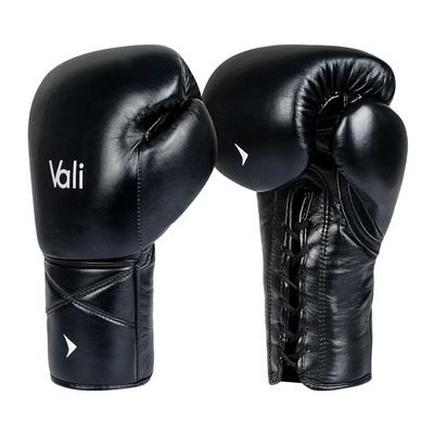 Vali Lancer Leather Lace Up Boxing & MMA Gloves for Pros Sparring (Black, 14OZ)
