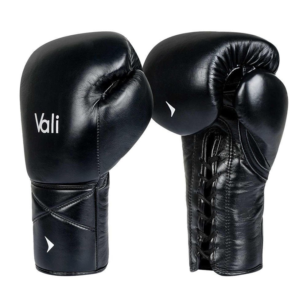 Vali Lancer Leather Lace Up Boxing & MMA Gloves for Pros Sparring (Black, 14OZ)
