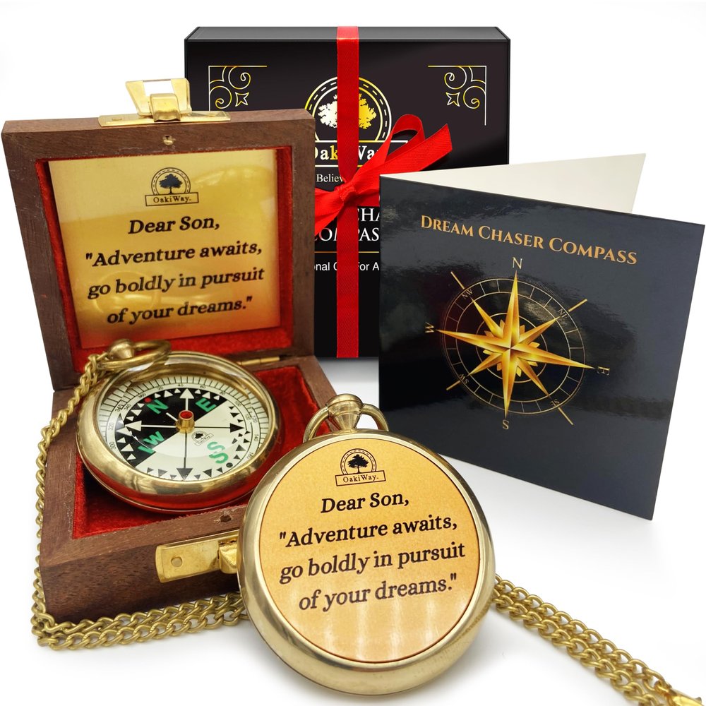 The Dream Chaser Compass in Wooden Box - Son Graduation Gift, Birthday, Bday Gifts for Him, Inspirational, Motivational, 2026 College Graduates, Grandson - Greeting Card Included