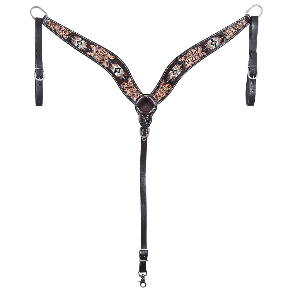 HILASON Western Horse Beaded Hand Tooled Genuine Leather Breast Collar Brown | for Horses