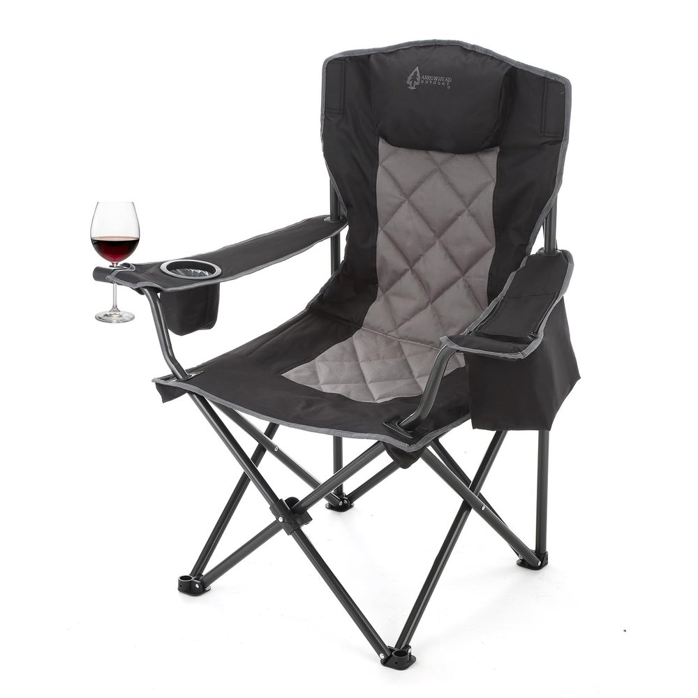 ARROWHEAD OUTDOOR Portable Deluxe Folding Camp Quad Chair w/Headrest, Glass & Cup Holders, Armest 6-can Cooler, Heavy Duty Carry Bag, 550 lbs Weight Capacity